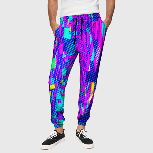 Мужские брюки 3D Неоновые розовые и голубые светящиеся кубики, цвет 3D печать - фото 4