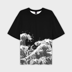 Мужская футболка oversize 3D Японские волны на темном фоне