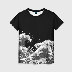 Женская футболка 3D Японские волны на темном фоне