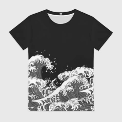 Женская футболка 3D Японские волны на темном фоне