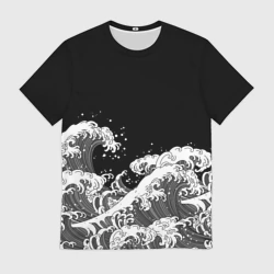 Мужская футболка 3D Японские волны на темном фоне