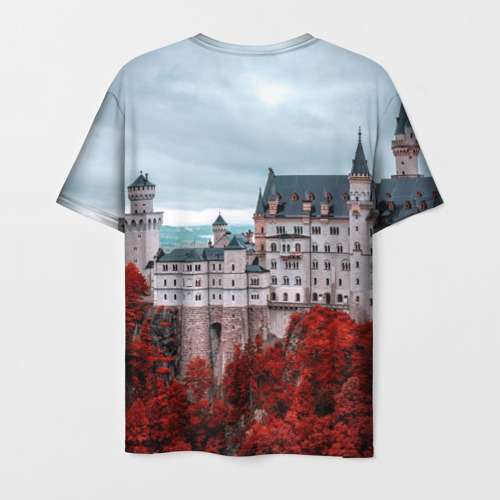 Мужская футболка 3D с принтом Замок в горах и красный лес, вид сзади #1
