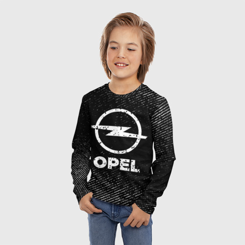 Детский лонгслив 3D с принтом Opel с потертостями на темном фоне, фото на моделе #1