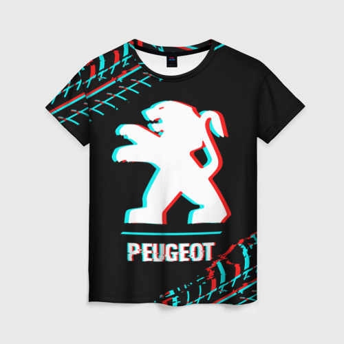 Женская футболка 3D с принтом Значок Peugeot в стиле glitch на темном фоне, вид спереди #2
