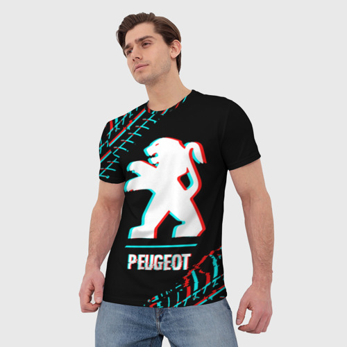 Мужская футболка 3D Значок Peugeot в стиле glitch на темном фоне, цвет 3D печать - фото 3