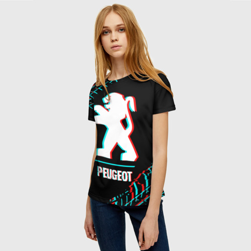 Женская футболка 3D с принтом Значок Peugeot в стиле glitch на темном фоне, фото на моделе #1