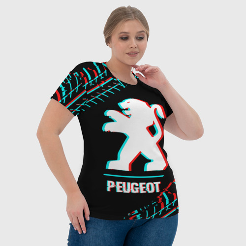 Женская футболка 3D с принтом Значок Peugeot в стиле glitch на темном фоне, фото #4