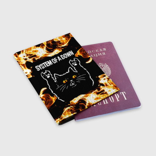 Обложка для паспорта матовая кожа System of a Down рок кот и огонь - фото 3