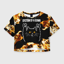 Женская футболка Crop-top 3D System of a Down рок кот и огонь