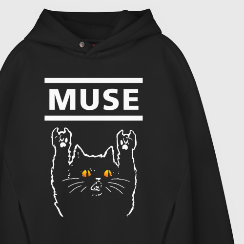 Мужское худи Oversize хлопок Muse rock cat, цвет черный - фото 4