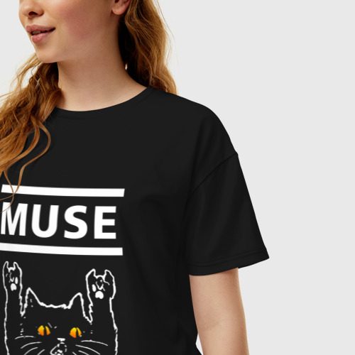 Женская футболка хлопок Oversize Muse rock cat, цвет черный - фото 3