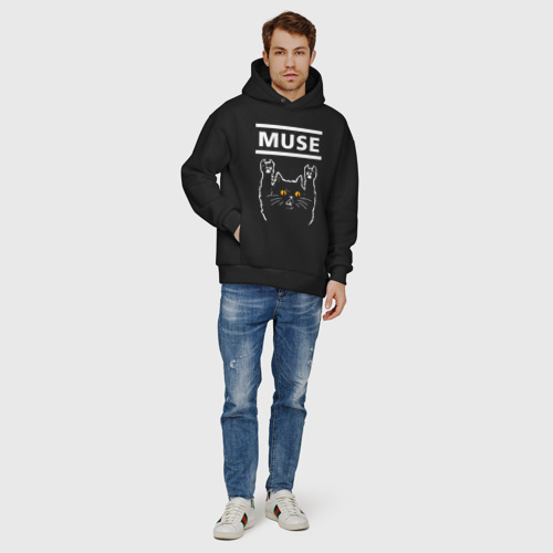 Мужское худи Oversize хлопок Muse rock cat, цвет черный - фото 6