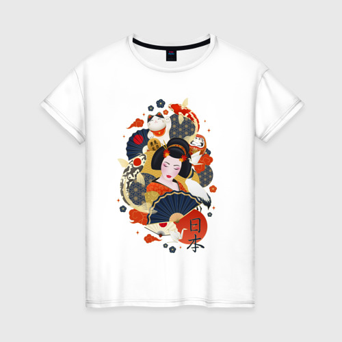 Женская футболка из хлопка с принтом Японская девушка с веером - коллаж, вид спереди №1