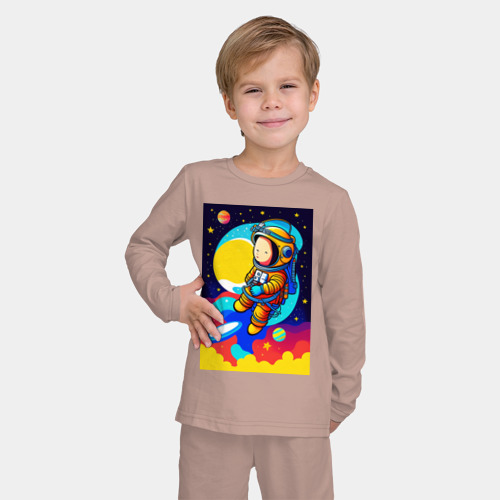 Детская пижама с лонгсливом хлопок с принтом Маленький космонавт, фото на моделе #1