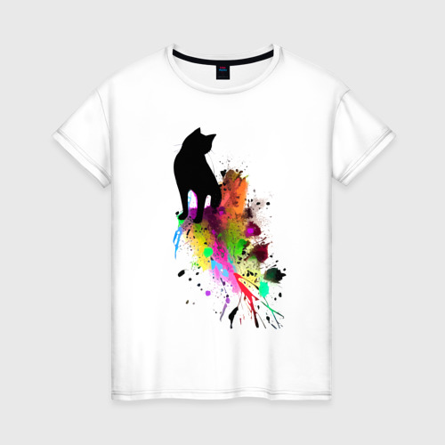 Женская футболка из хлопка с принтом Кошка по имени Клякса - эскиз, вид спереди №1