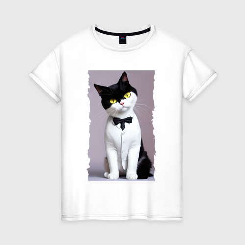 Женская футболка из хлопка с принтом Кот-джентльмен - мем, вид спереди №1