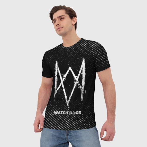 Мужская футболка 3D с принтом Watch Dogs с потертостями на темном фоне, фото на моделе #1
