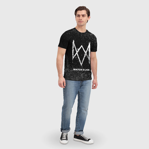 Мужская футболка 3D с принтом Watch Dogs с потертостями на темном фоне, вид сбоку #3