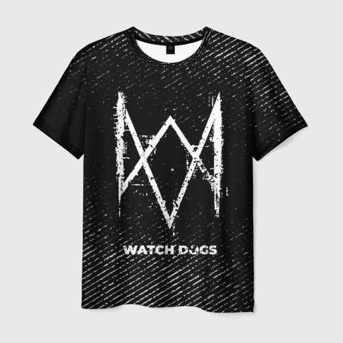 Мужская футболка 3D с принтом Watch Dogs с потертостями на темном фоне, вид спереди #2