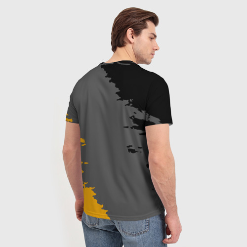 Мужская футболка 3D с принтом Renault черно-желтые брызги, вид сзади #2