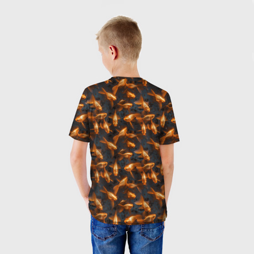 Детская футболка 3D с принтом Паттерн из золотых рыбок, вид сзади #2