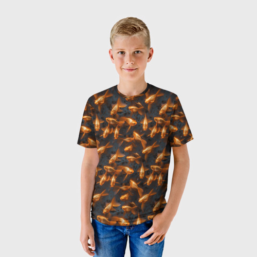 Детская футболка 3D с принтом Паттерн из золотых рыбок, фото на моделе #1