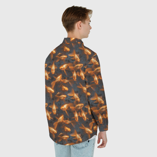 Мужская рубашка oversize 3D с принтом Паттерн из золотых рыбок, вид сзади #2