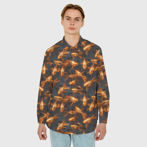 Мужская рубашка oversize 3D с принтом Паттерн из золотых рыбок, фото на моделе #1