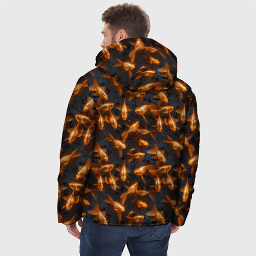 Мужская зимняя куртка 3D с принтом Паттерн из золотых рыбок, вид сзади #2