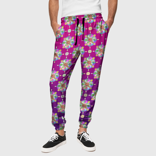 Мужские брюки 3D с принтом Абстрактные разноцветные узоры на пурпурно-фиолетовом фоне, вид сбоку #3