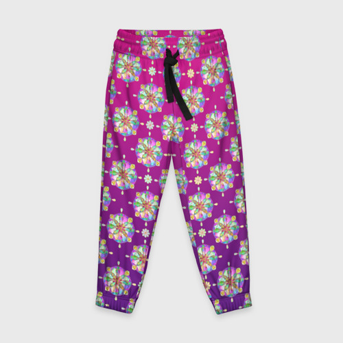 Детские брюки 3D с принтом Абстрактные разноцветные узоры на пурпурно-фиолетовом фоне, вид спереди #2