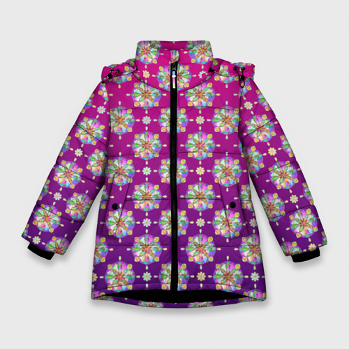 Зимняя куртка для девочек 3D с принтом Абстрактные разноцветные узоры на пурпурно-фиолетовом фоне, вид спереди #2