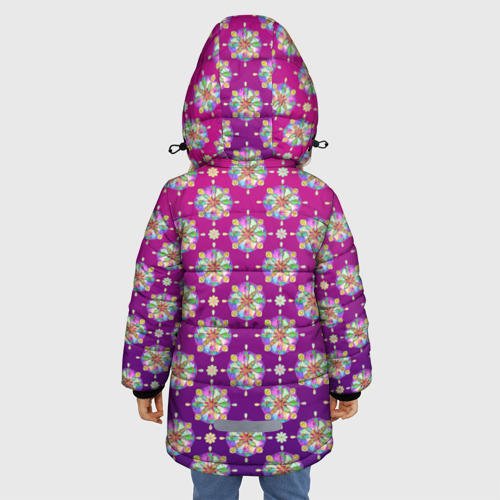 Зимняя куртка для девочек 3D с принтом Абстрактные разноцветные узоры на пурпурно-фиолетовом фоне, вид сзади #2
