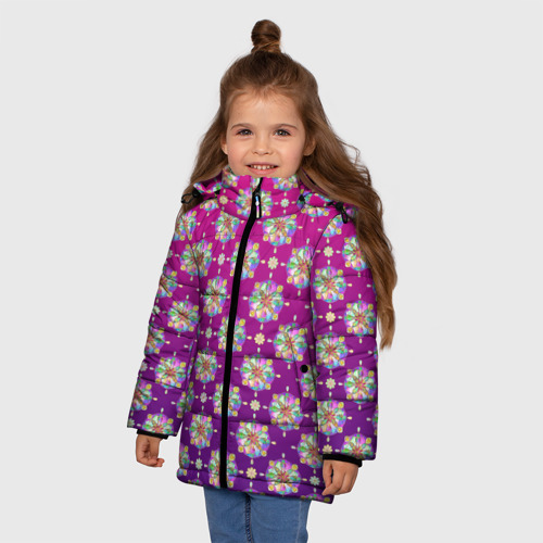 Зимняя куртка для девочек 3D с принтом Абстрактные разноцветные узоры на пурпурно-фиолетовом фоне, фото на моделе #1