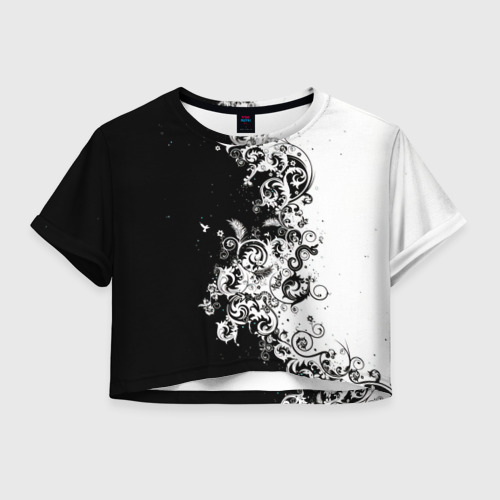 Женская футболка Crop-top 3D Черно-белые цветы и колибри, цвет 3D печать