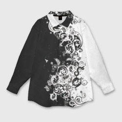 Женская рубашка oversize 3D Черно-белые цветы и колибри