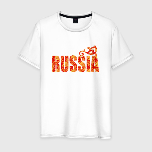 Мужская футболка из хлопка с принтом Russia: в стиле хохлома, вид спереди №1