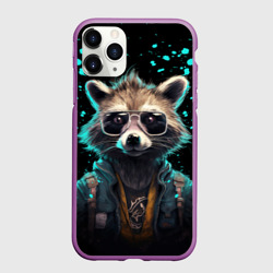 Чехол для iPhone 11 Pro матовый Енот в стиле Киберпанк