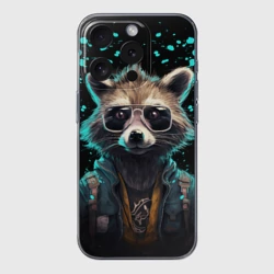 Чехол для iPhone 15 Pro силиконовый с защитой камеры Енот в стиле Киберпанк