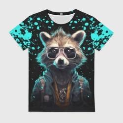 Женская футболка 3D Енот в стиле Киберпанк