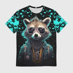 Мужская футболка 3D Енот в стиле Киберпанк