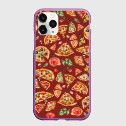 Чехол для iPhone 11 Pro матовый Кусочки пиццы ассорти - акварельный паттерн