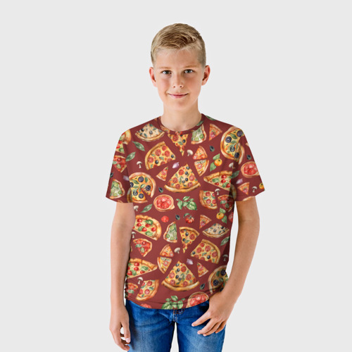 Детская футболка 3D Кусочки пиццы ассорти - акварельный паттерн, цвет 3D печать - фото 3