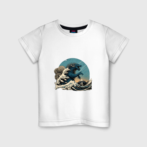 Детская футболка из хлопка с принтом Годзилла в Большой волне у Канагавы, вид спереди №1