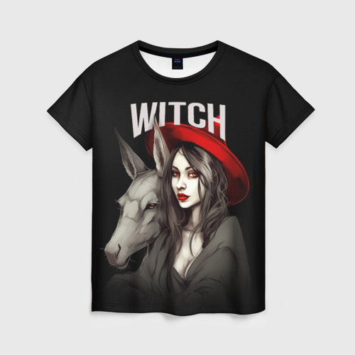 Женская футболка с принтом Ведьма с ослом, вид спереди №1
