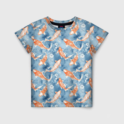Детская футболка 3D с принтом Золотые рыбки паттерн, вид спереди #2