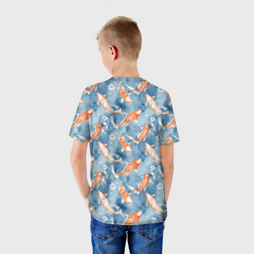 Детская футболка 3D с принтом Золотые рыбки паттерн, вид сзади #2
