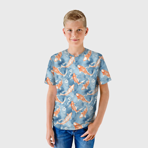 Детская футболка 3D с принтом Золотые рыбки паттерн, фото на моделе #1