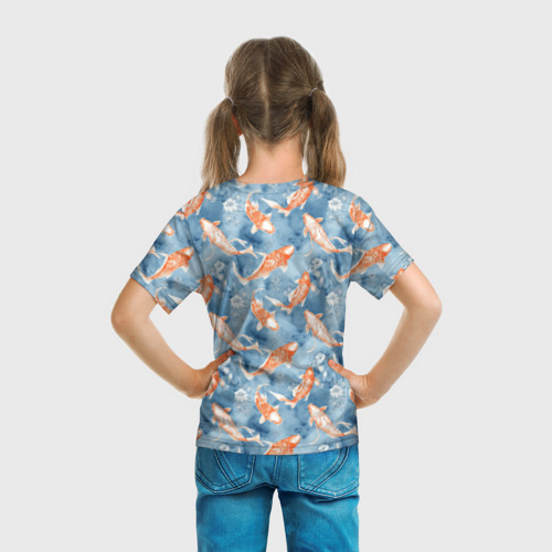 Детская футболка 3D с принтом Золотые рыбки паттерн, вид сзади #2
