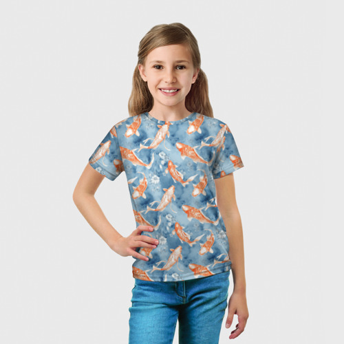 Детская футболка 3D с принтом Золотые рыбки паттерн, вид сбоку #3